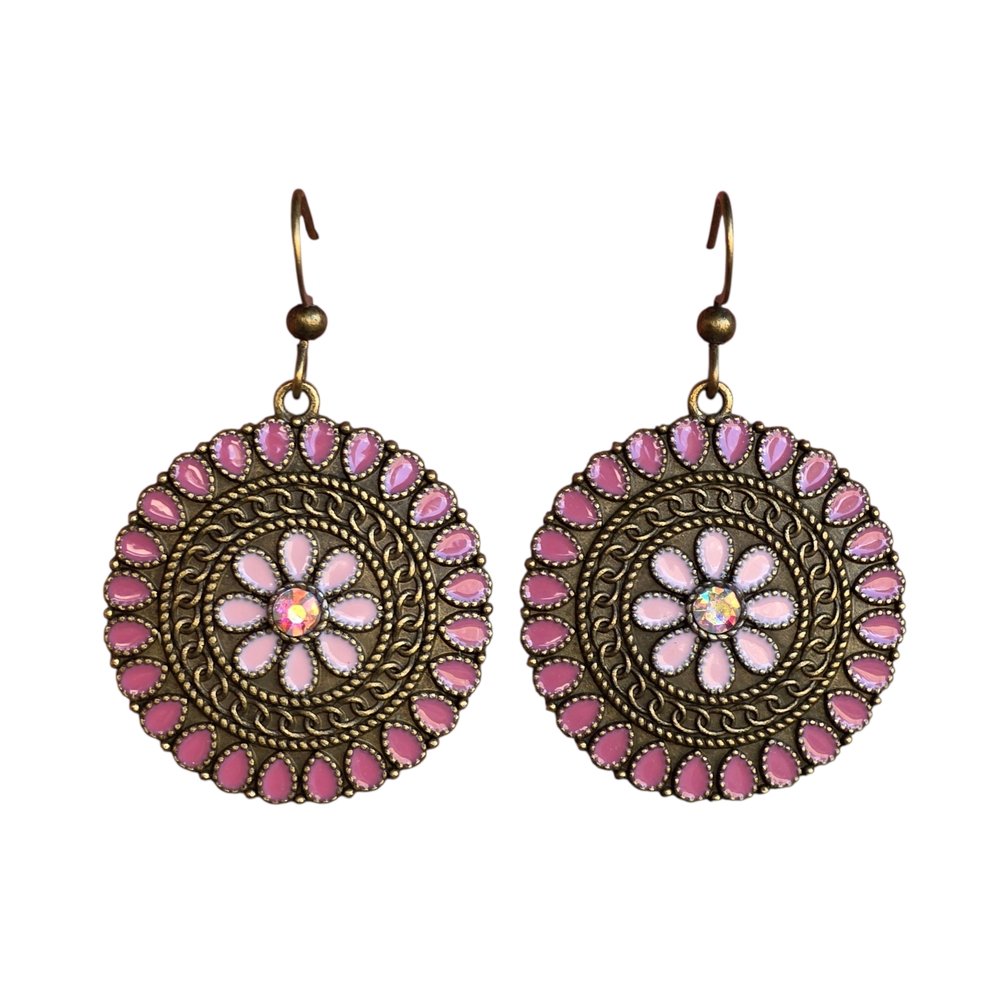 Floral Boho Earrings Sphere Handmade Bronze Jewelry Vintage Boheme Pink